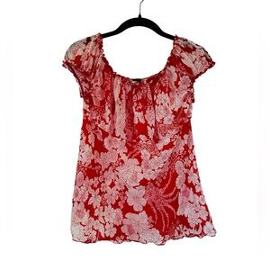 Vintage Y2K Babydoll Top Milkmaid Red Floral Ruffle Bow Fairy Coquette Size L